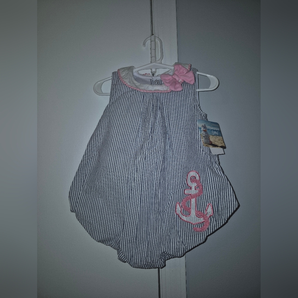 NWT Sunshine Baby Striped Navy Bubble Romper with Pink Anchor Accent Size 18 M